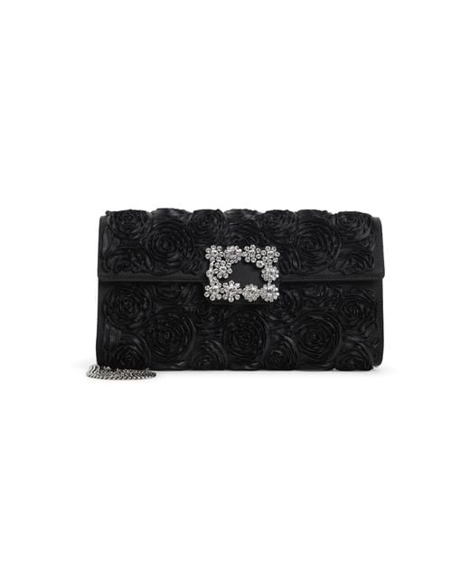 Roger Vivier Black Envelope Flap Rose Flower Buckle Shoulder Bag