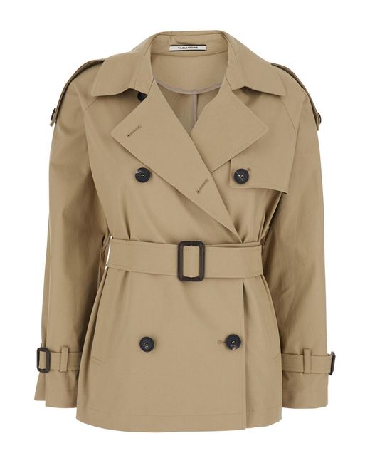 Tagliatore Natural Double-Breasted Short Trench Coat With Wide Notched Revers And Front Belt