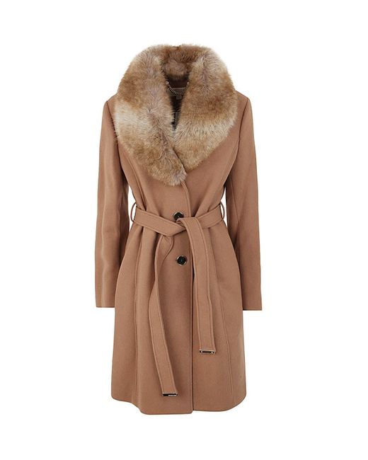MICHAEL Michael Kors Brown Btn Front Belted Wool Coat With Detachable Faux Fur Collar