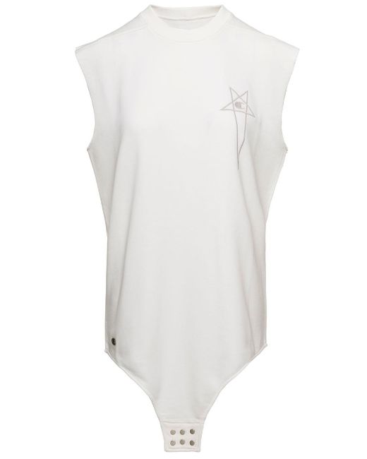 Rick Owens White 'Sl Body' Long Tank Top With Pentagram Embroidery And A Six Snap Closure Hanging