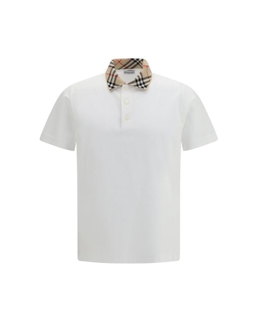 Burberry White Cotton Check Collar Polo Top for men