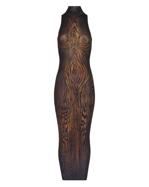 Jean Paul Gaultier Brown Long Dress Double Layer Printed Wood
