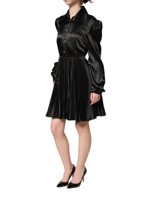 Dolce & Gabbana Black Satin Long Puff Sleeves Pleated Dress Elastane Polyester