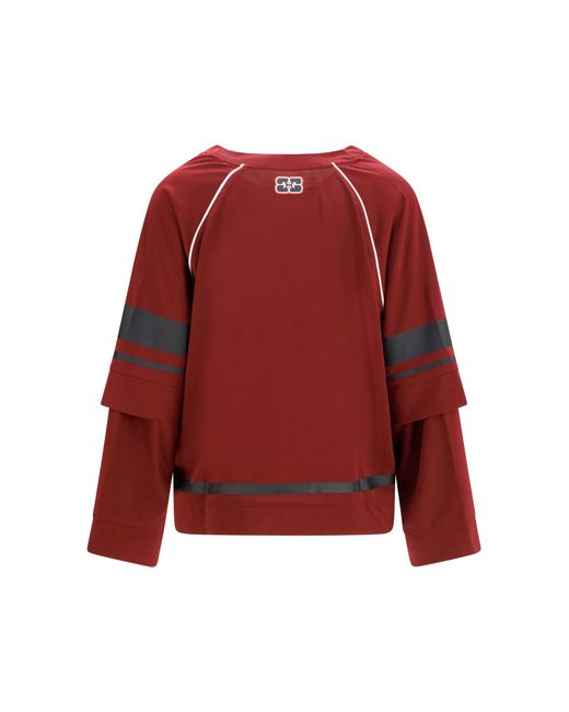 Ganni Red Cocora Double-Layer Long-Sleeve T-Shirt Polyester T-Shirts