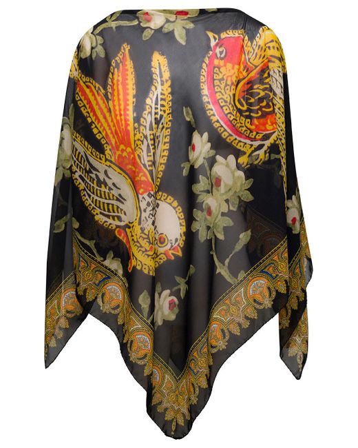 Etro Black Cape With Straight Neckline And Graphic Print In Silk Woman
