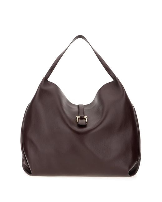 Ferragamo Brown Aubergine Leather Shopping Bag