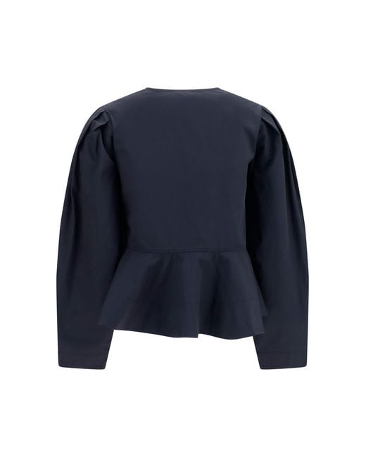Ganni Blue Cotton Poplin Blouse With Bows Shirt