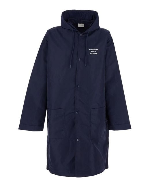 Drole de Monsieur Blue Hooded Jacket With Fixed Hood And Slogan On Front Back for men