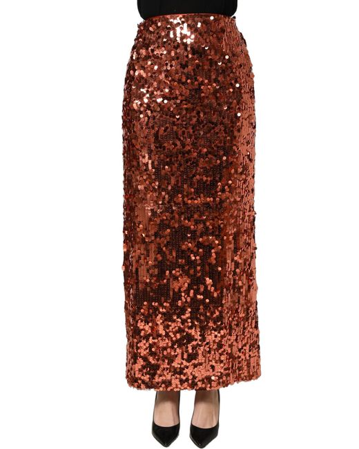 Dolce & Gabbana Red Sequin Highwaist Pencilcut Midi Skirt Nylon