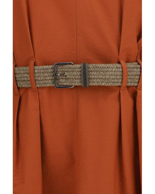 Brunello Cucinelli Brown Pleated Dress With Rope Belt Cotton; Polyamide
