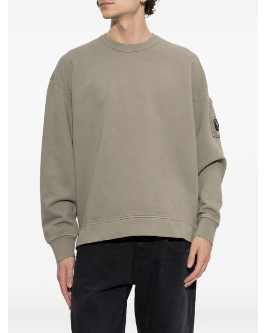 C P Company Natural Rock-Colored Brushed And Emerized Diagonal Cotton Fleece Twill Lens Crewneck Sweatshirt With Lens Detail for men