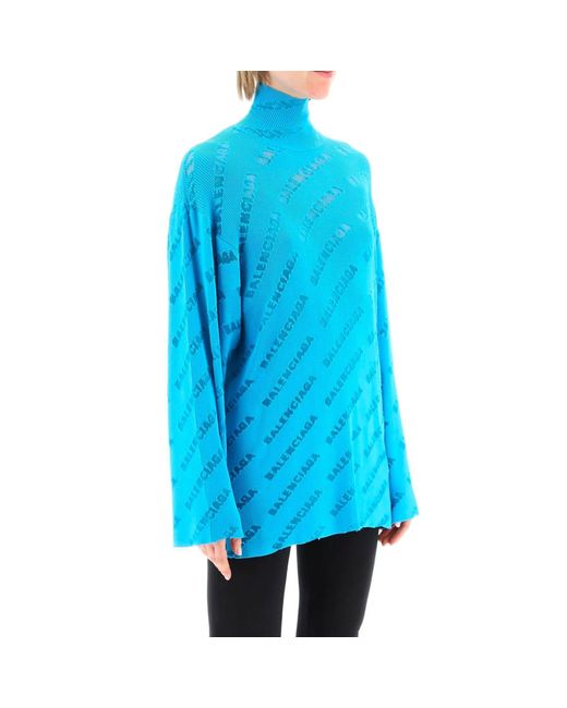 Balenciaga Blue Logo Oversize Turtleneck Sweater