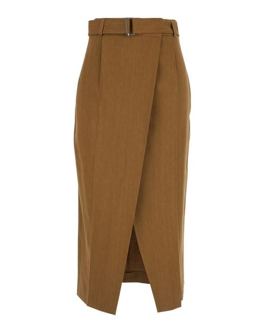 Tela Brown Skirt With Belt And Front Vent