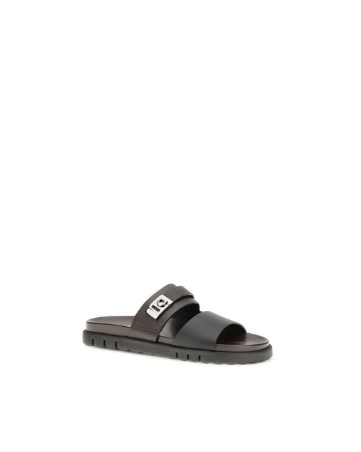 Ferragamo Black Calf Leather Bos Taurus Flat Sandals for men