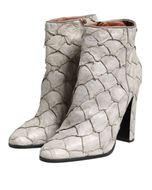 Dolce & Gabbana White Ankle Boot Fish Leather Zipper