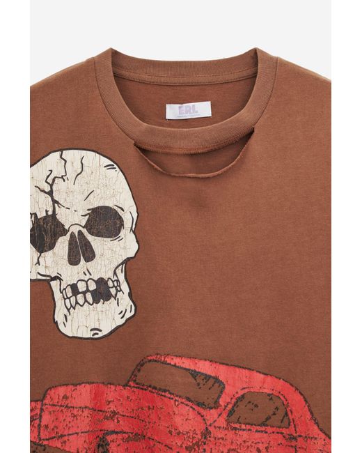 ERL Brown Ripped Collar Skull T-Shirt for men