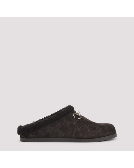 Gucci Black Suede Leather Mules Shearling Shoe