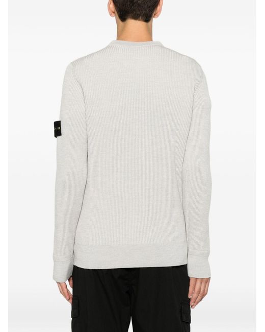 Stone Island White Melange Sand Ribbed Rws Wool Crewneck Sweater With A Logo Badge for men