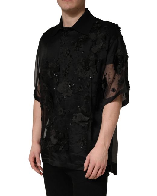 Dolce & Gabbana Black Floral Applique Sheer Short Sleeve Shirt Silk for men