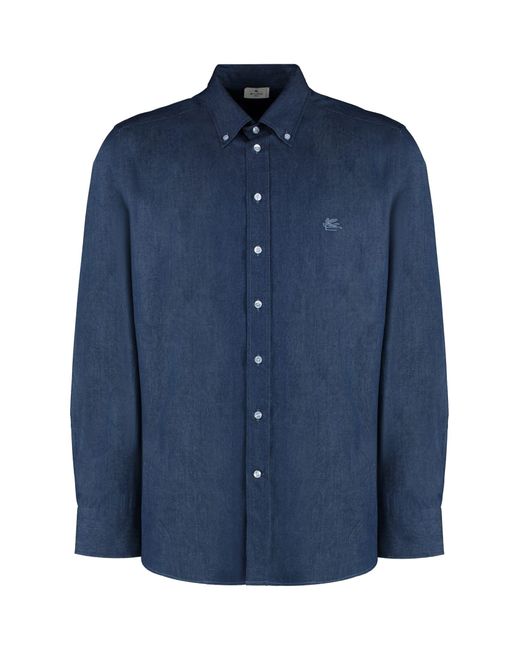Etro Blue Button-down Collar Cotton Shirt for men