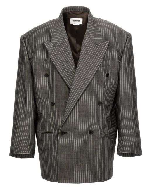 Hed Mayner Gray Pinstriped Double-Breasted Blazer for men