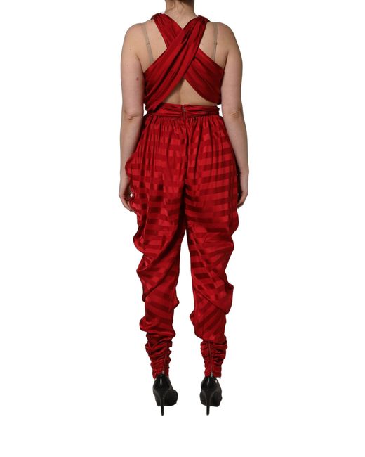 Dolce & Gabbana Red Plunging Halterneck Draped Jumpsuit Dress Viscose