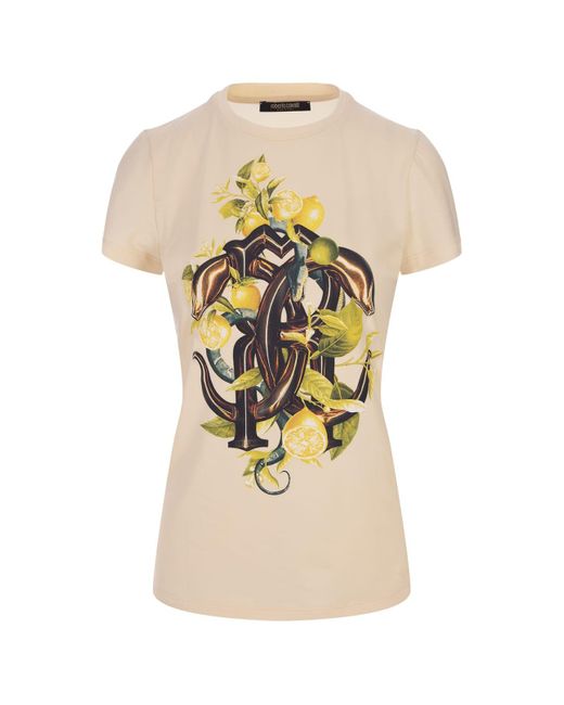 Roberto Cavalli White Ivory T-shirt With Lemons And Snake Print