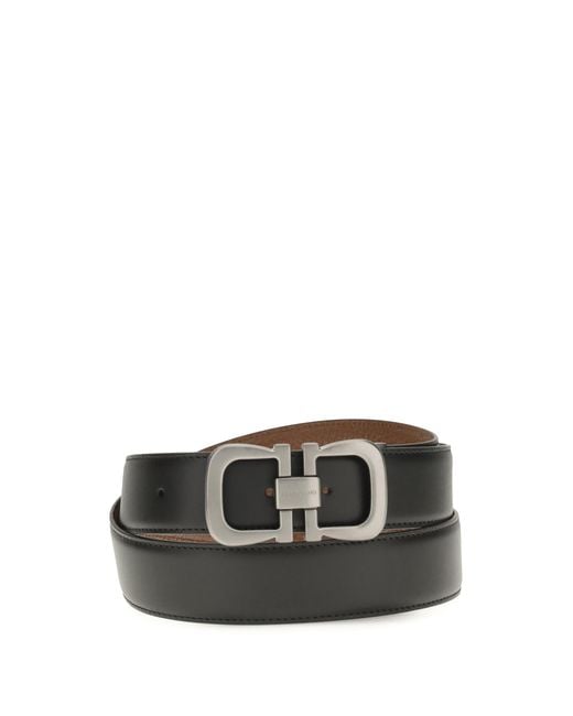 Ferragamo Black Reversible Leather Belt With Logo Calf Bos Taurus E Braces for men