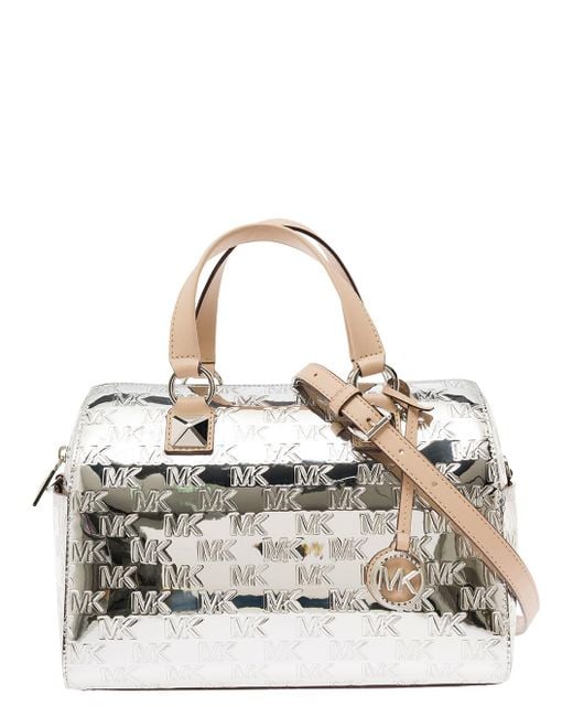MICHAEL Michael Kors Metallic 'medium Grayson' Silver Satchel Bag With All-over Embossed Logo In Patent Woman