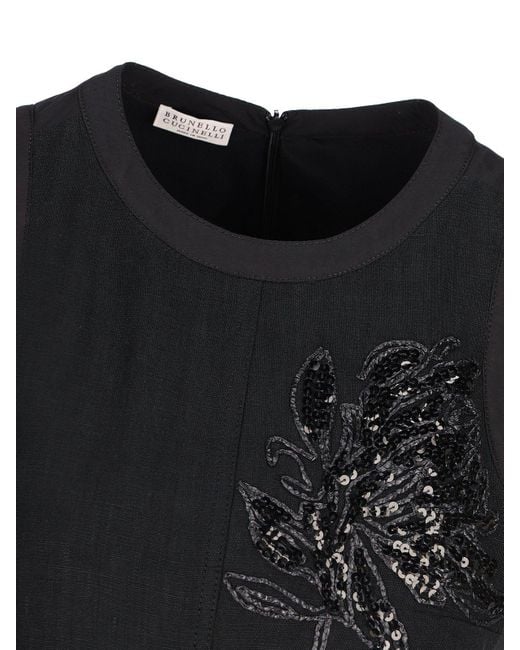 Brunello Cucinelli Black Floral-embellished Sleeveless Midi Dress