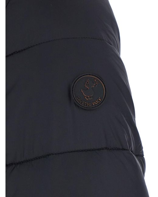 Save The Duck Blue Down Jacket With Fixed Hood And Logo Patch On The Sleeve