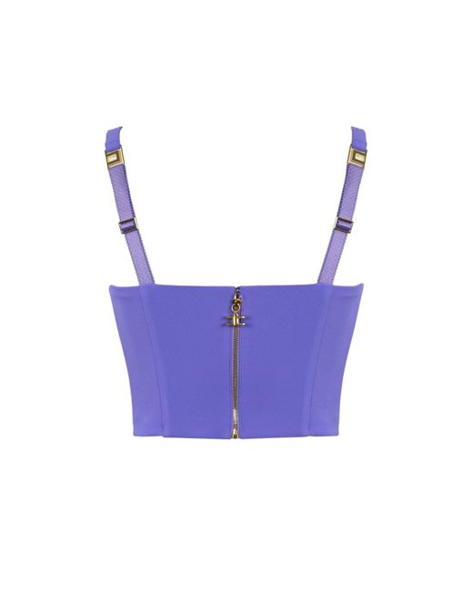 Elisabetta Franchi Blue Crepe Bustier Top With Logo Plaque