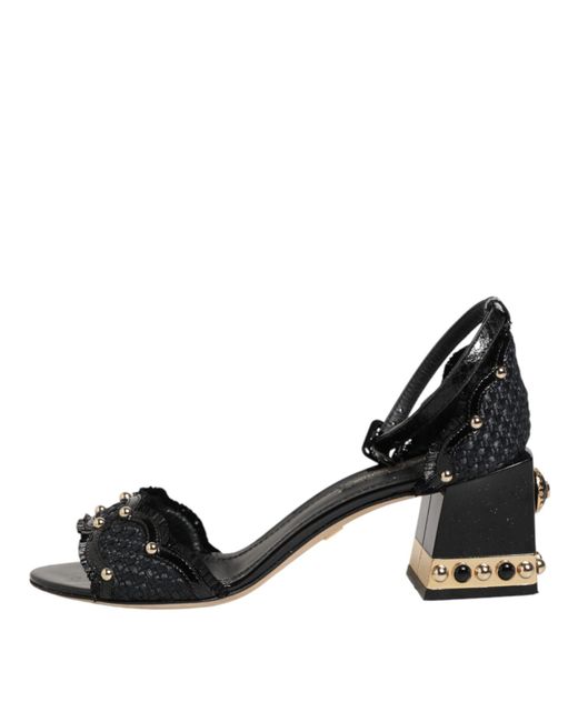 Dolce & Gabbana Black Studded Ankle Strap Sandals Shoes Leather
