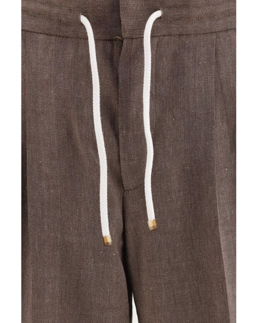Brunello Cucinelli Brown Herringbone Linen And Wool Pants Linen; Merino Ovis Aries for men