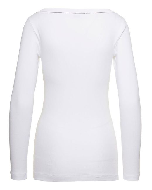 Brunello Cucinelli White V-Neck Pullover With Beads Detailing