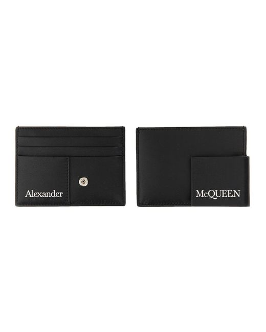 McQueen Black Card Holder With Logo Calf Leather Wallets & Purses for men