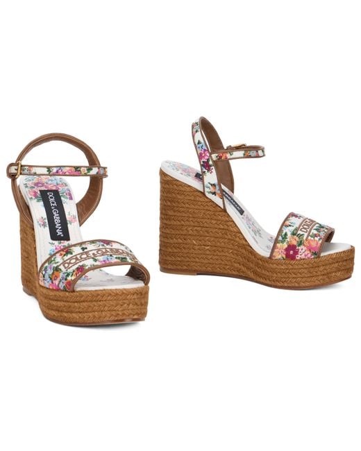 Dolce & Gabbana Brown Wedge Sandals With Majolica Print Goat Leather