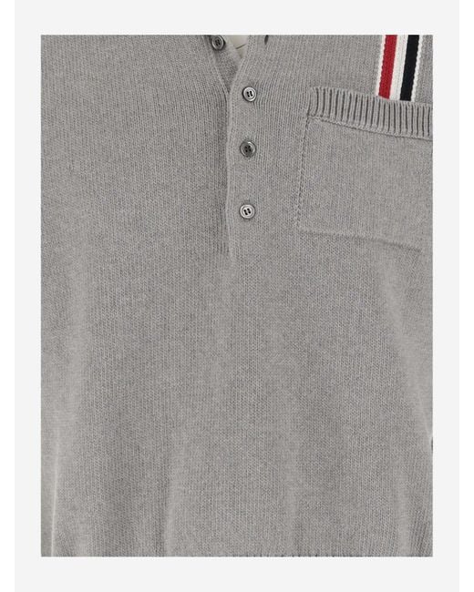 Thom Browne Gray Cotton Polo Shirt With Tricolor Detail for men