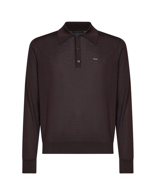 Prada Multicolor Abbigliamento Dark Combed Wool Long-Sleeved Polo Shirt for men