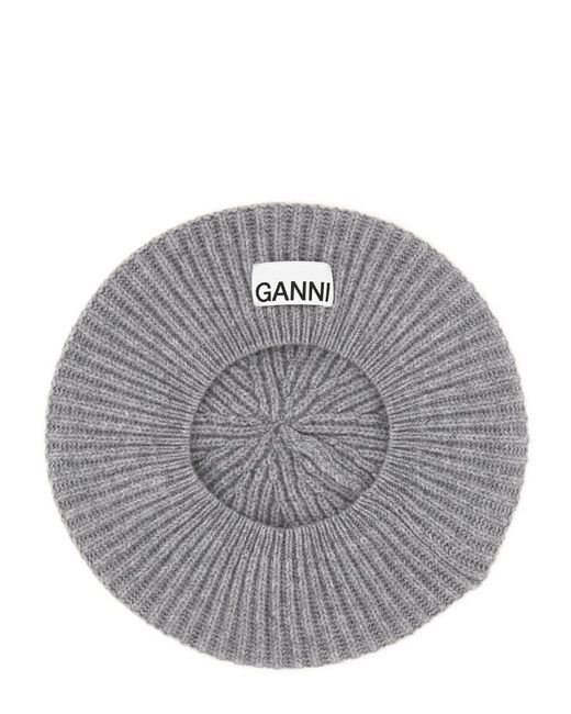Ganni Gray Ribbed Knit Beanie