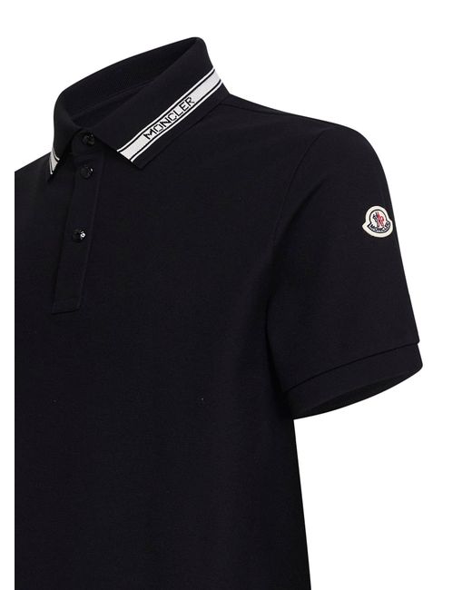 Moncler Black Cotton Pique Polo Shirt With Logo Detail for men