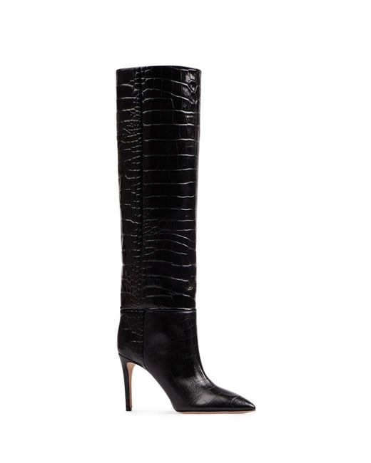 Paris Texas Black Charcoal Leather Stiletto Boots With Crocodile Print