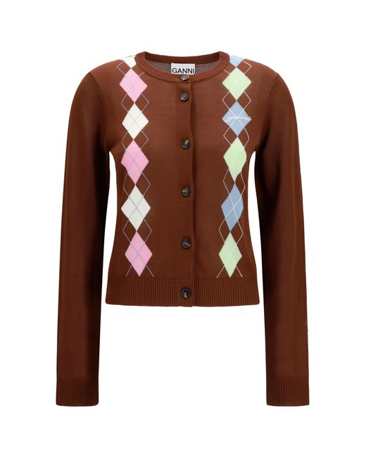 Ganni Brown Diamond-Pattern Cardigan Cotton
