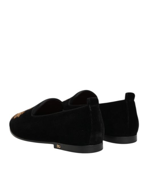 Dolce & Gabbana Black Velvet Crown Loafers Shoes for men