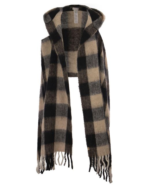 Woolrich Black Hooded Scarf With Checked Pattern