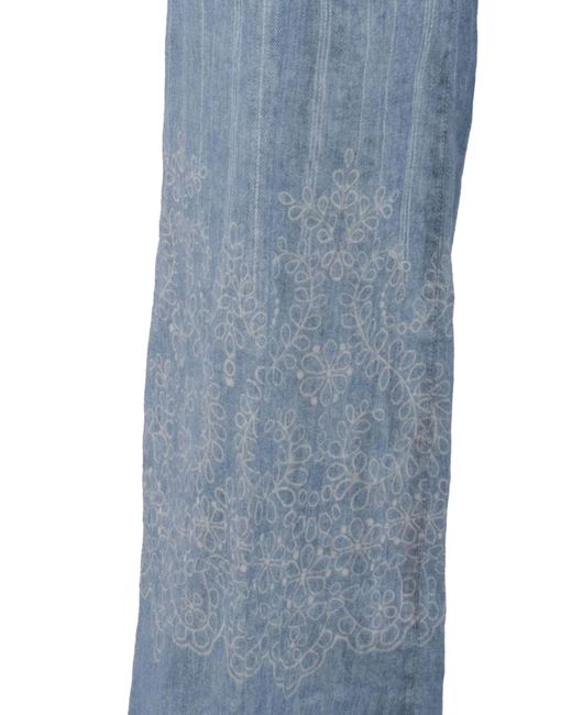 Ermanno Scervino Blue Wide-Leg Linen Pants With Floral Hem Embroidery
