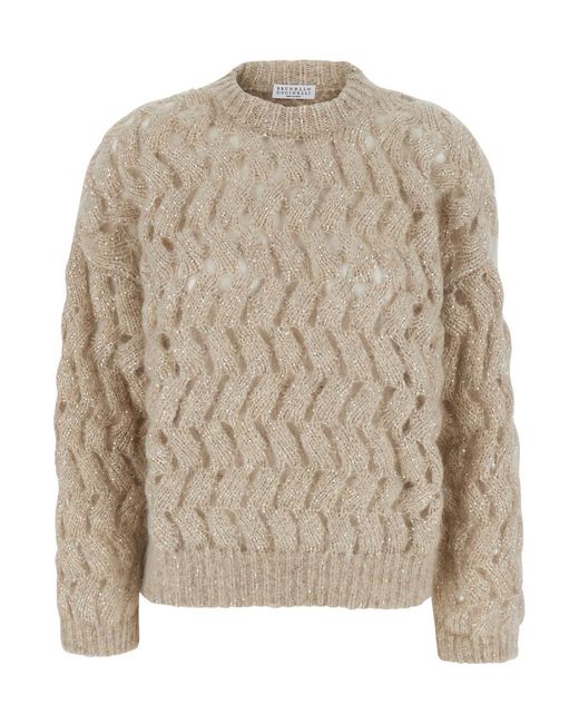 Brunello Cucinelli Natural Crewneck Cable-Knit Sweater Mohair Tops