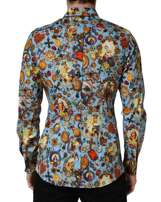 Dolce & Gabbana Blue Cotton Jewel Print Button Down Gold Shirt for men