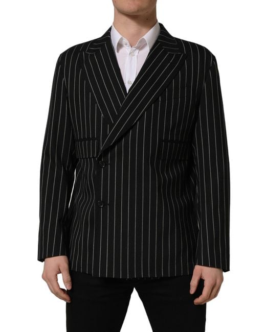 Dolce & Gabbana Black Stripes Wool Double Breasted Jacket Virgin Elastane Clothing for men