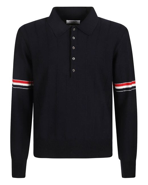 Thom Browne Black Rwb-Striped Long-Sleeved Polo Shirt for men